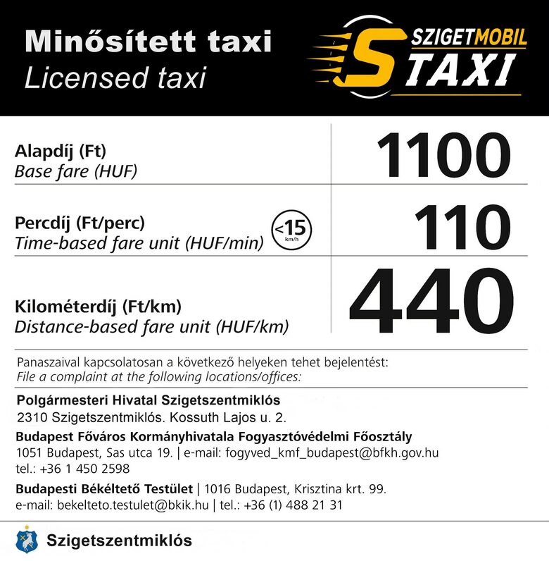 Sziget taxi tarifa információ - hatósági áras taxi