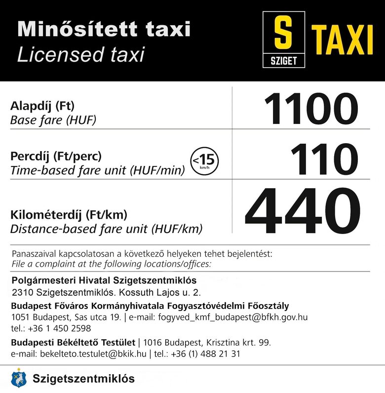 Sziget taxi tarifa információ - hatósági áras taxi